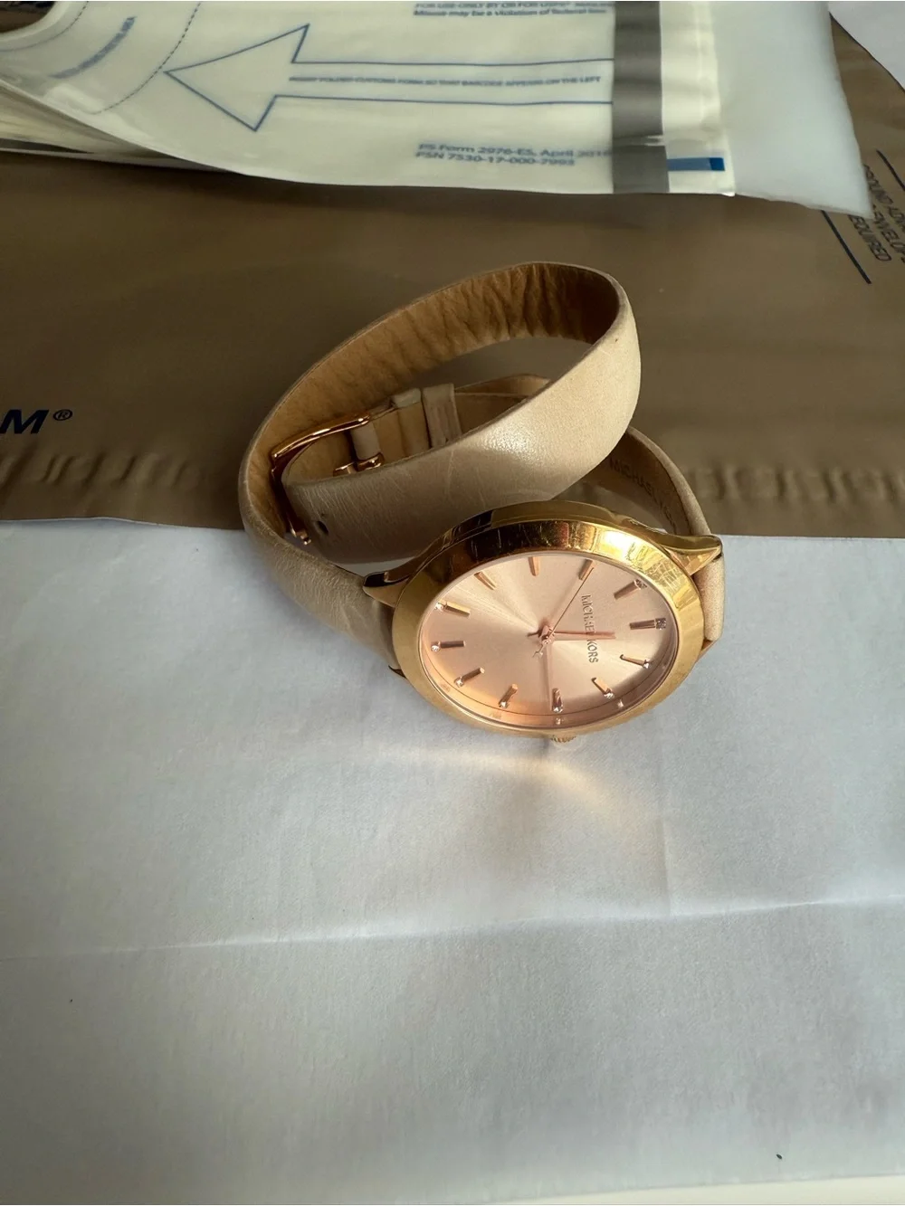 Michael Kors Rose Gold Watch with Beige Double-Wrap Leather Strap